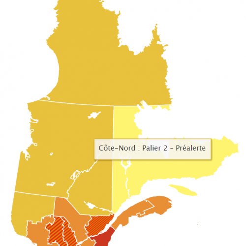 Carte du Québec séparée en zones jaunes, oranges et rouges