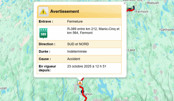 Un camion en feu cause une fermeture de la 389